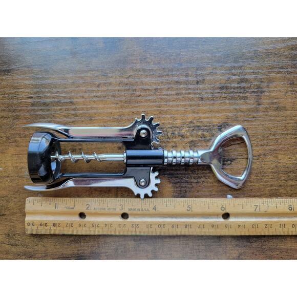 Black/Silver Corkscrew Wine Bottle Opener w/Fins - Push Down - Used - Italy - Picture 4 of 4